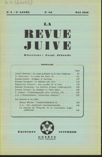 La Revue Juive de Genève. Vol. 9 n° 3 fasc. 83 (mai 1946)